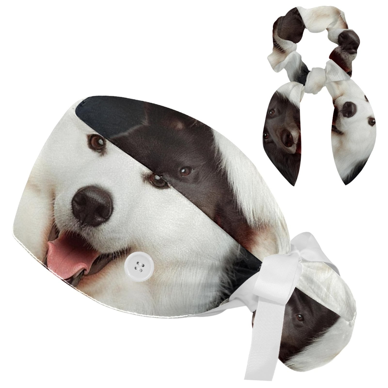 Working Caps with Buttons, Long Hair Scrub Hats Ponytail Holder for Women, Samoyed Pet Dog