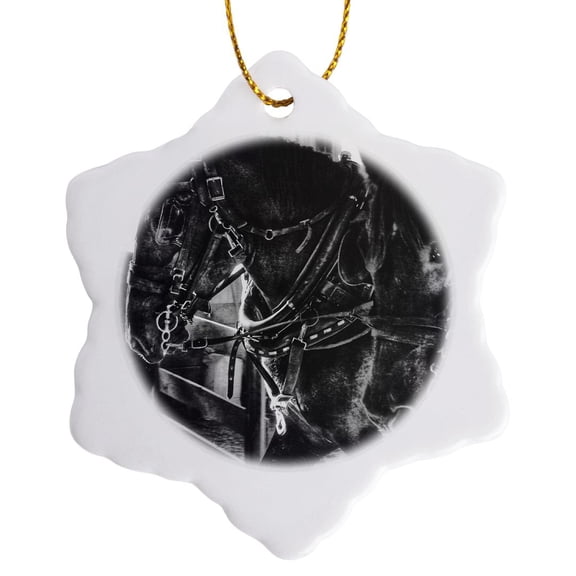 3drose, Working Draft Horses in Black and White, 3 inch Snowflake Porcelain Ornament