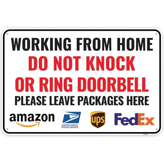Working From Home Sign For Front Door, 12 x 8 Inches - Aluminum - Do Not Knock Or Ring Doorbell/Without a frame