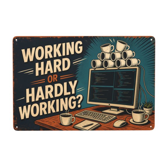 Working Hard or Hardly Working Iron Wall Decor Sign 8x12 Inch - Vintage Style Metal Plaque with Coding and Coffee Design, Rustic Indoor/Outdoor Home Office Decoration with Easy Han