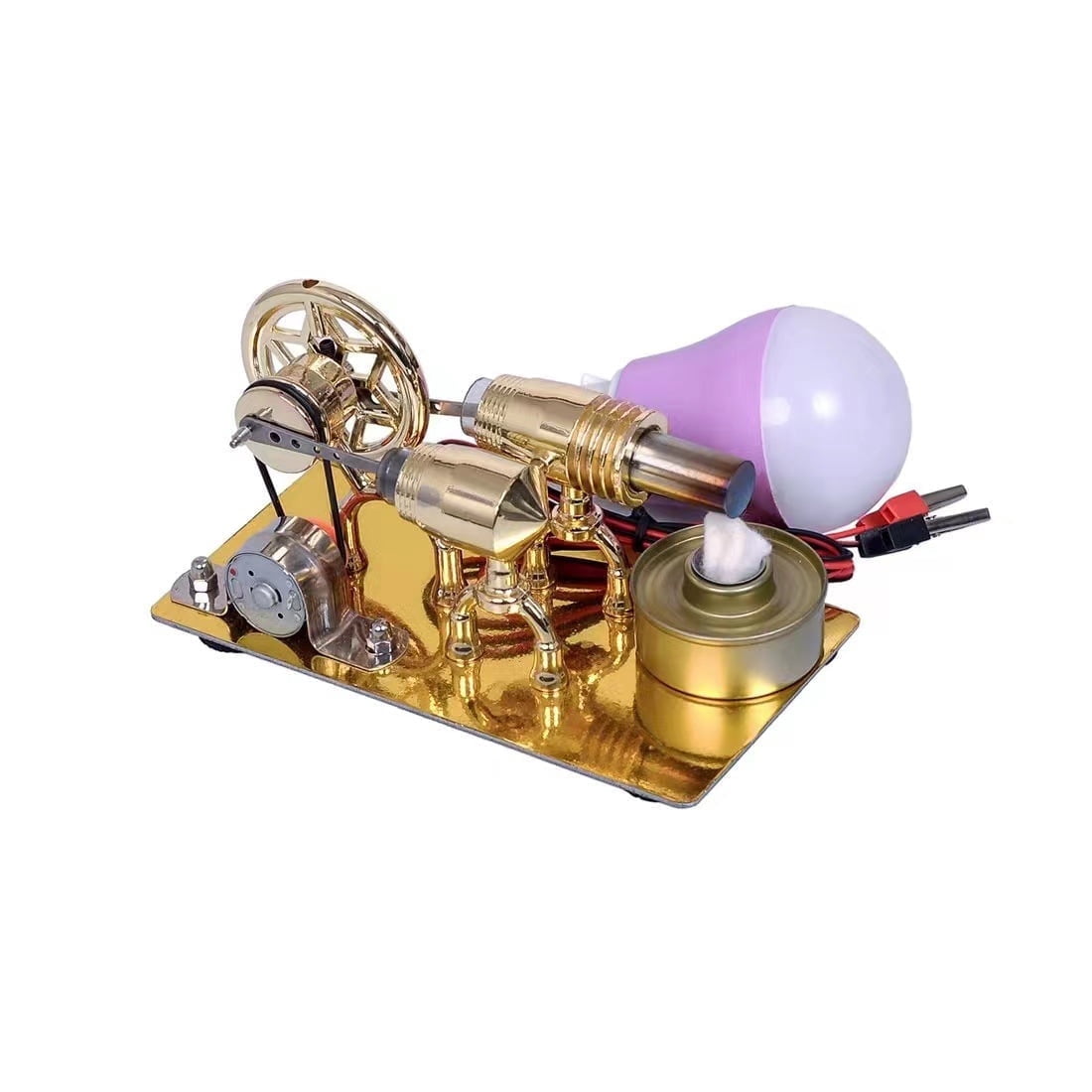 Working Stirling Engine Generator Model with Light Bulb, Heat Powered Hot Air Engine, Dual Cylinder Metal Mechanical Desktop Physics Demonstration Model & Display Gift (Light Color Random)