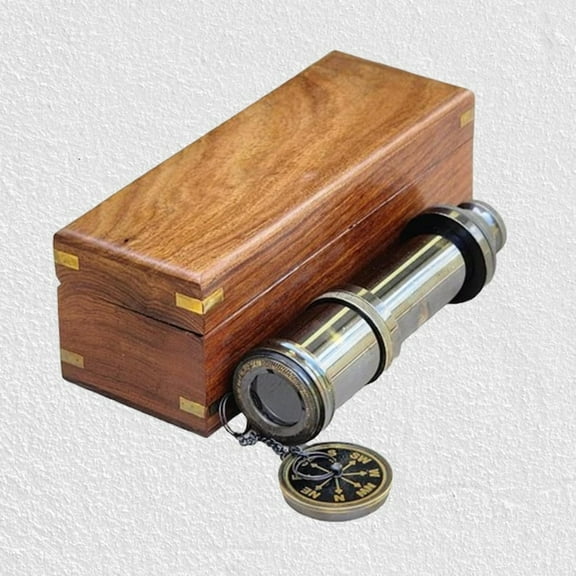 Working Telescope, Spyglass with Engravable Wooden Case, Brass Monocular Gifts for Backpackers
