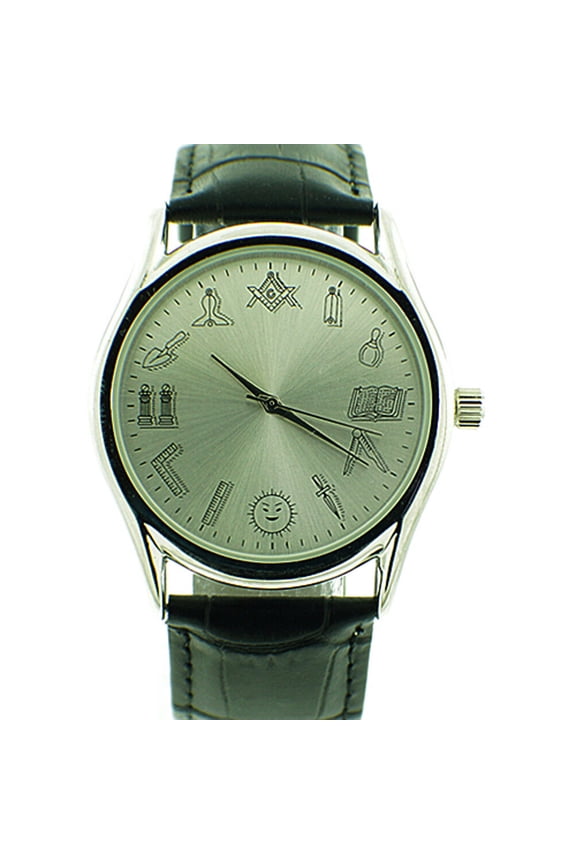 Working Tools - Masonic Watch - Black Leather Band - Round White Face Dial Watch