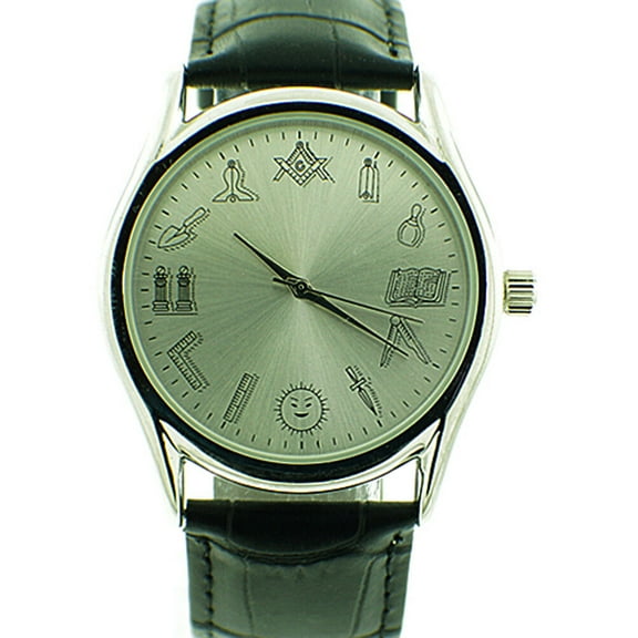 Working Tools - Masonic Watch - Black Leather Band - Round White Face Dial Watch