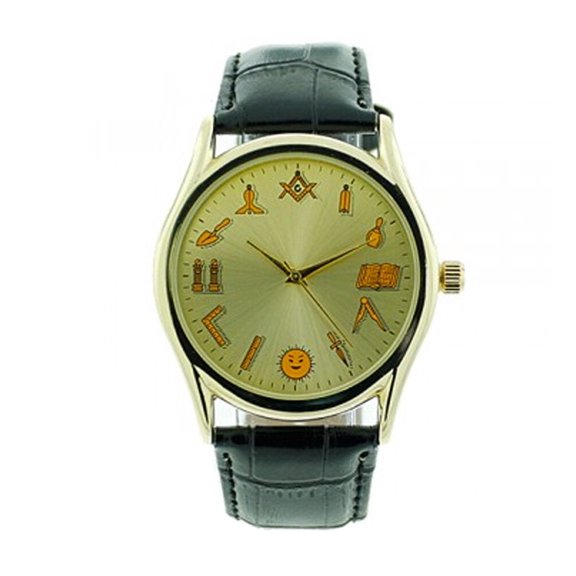 Working Tools - Masonic Watch - Black Leather Band - RoundGold Face Dial Watch