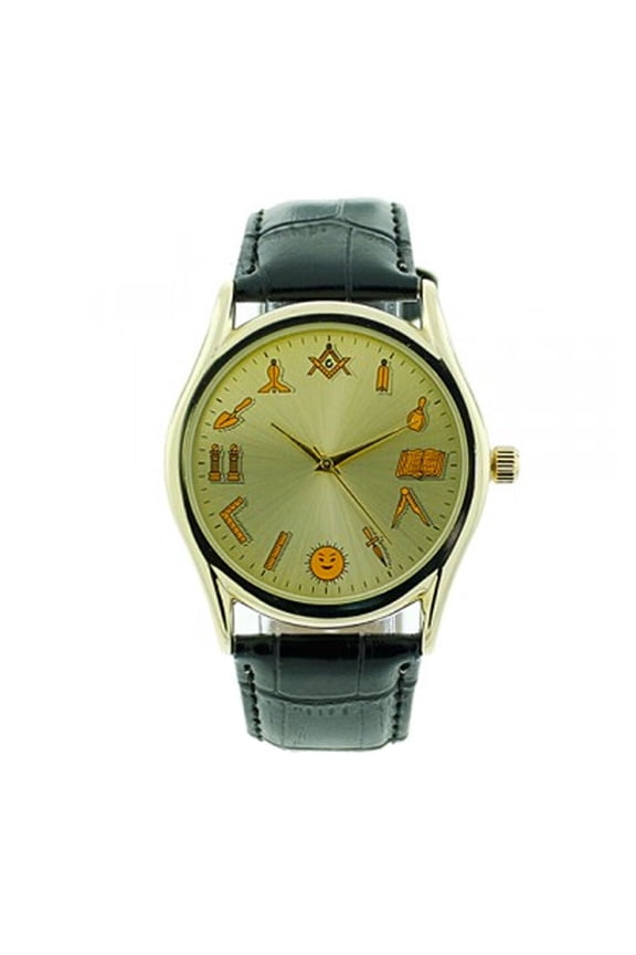 Working Tools - Masonic Watch - Black Leather Band - RoundGold Face Dial Watch