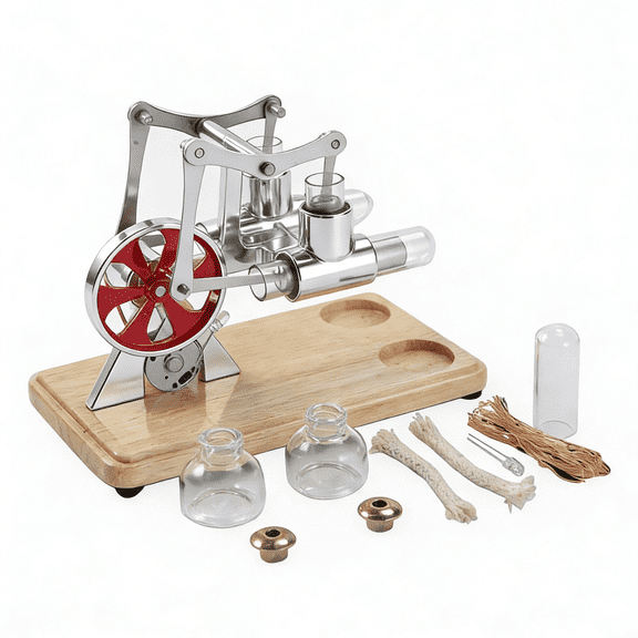 Working Twin-Cylinder Stirling Engine Model, Heat Powered Metal Mechanical Engine with Flywheel, Desktop Thermodynamics Demonstration & Engineering Display