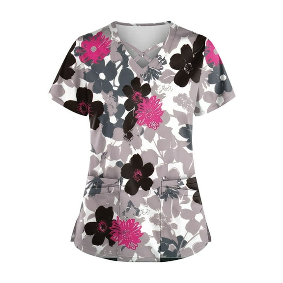 Working Uniform Shirts for Women Breathable Printed V Neck Plus Size Scrub Tops Short Sleeve Professionals Soft Stretch T-Shirts with Pockets pink Small