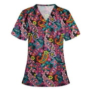 DRINDF Working Uniform T Shirt For Women Cute Printed Scrub Tops Summer Short Sleeve Funny Tshirts Casual V Neck Blouses Loose