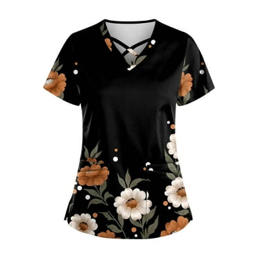 Working Uniform for Women Breathable Printed V-Neck Plus Size Scrub Tops Short Sleeve Professionals Soft Stretch T-Shirts with Pockets dark gray Small