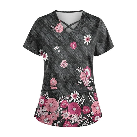 Working Uniform for Women Breathable Printed V-Neck Plus Size T-Shirts Short Sleeve Professionals Soft Stretch Workwear Shirt with Pockets light gray Small