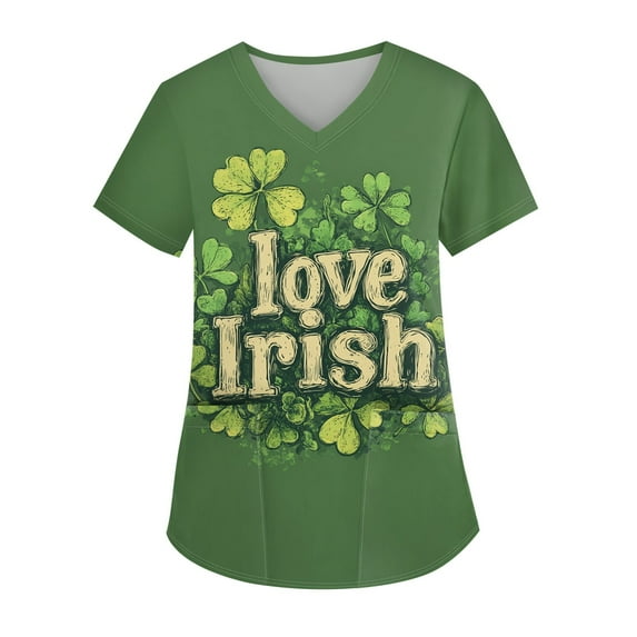 Working Uniform for Women Irish Shamrock Printed V Neck Breathable T-Shirts Short Sleeve Professionals Soft Stretch St. Patrick's Day Scrub Tops with Pockets dark green Small
