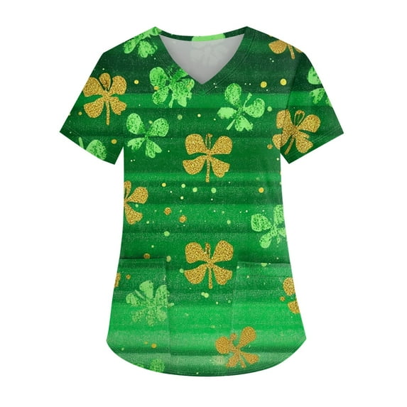 Working Uniform for Women Irish Shamrock Printed V Neck Breathable Workwear Shirt Short Sleeve Professionals Soft Stretch St. Patrick's Day Scrub Tops with Pockets green 4X-Large