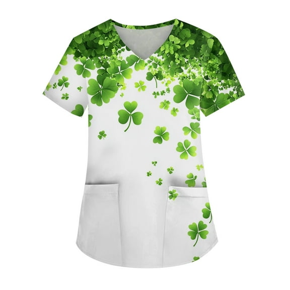 Working Uniform for Women Irish Shamrock Printed V Neck Breathable Workwear Shirt Short Sleeve Professionals Soft Stretch St. Patrick's Day Scrub Tops with Pockets (White)