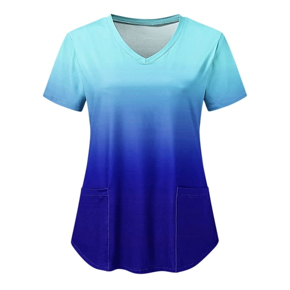 Working Uniforms Women Ombre Color Print Scrub_Tops V-Neck Short Sleeve Medical Shirts with Pockets