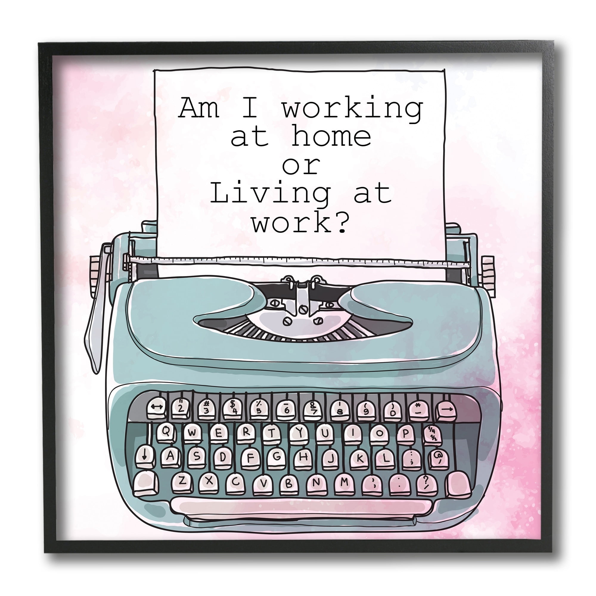 Working at Home Phrase Sassy Typewriter Over Pink 12 in x 12 in Framed Painting Art Print, by Stupell Home Décor