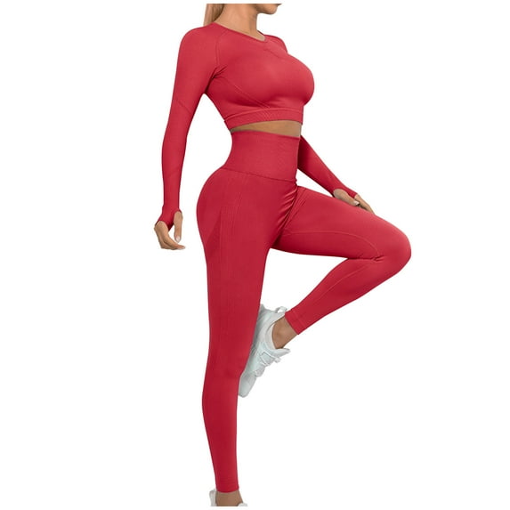 Workout 2 Piece for Women Seamless Outfits High Waist Butt Lifting Leggings Long Sleeve Crop Tops Yoga Gym Sets