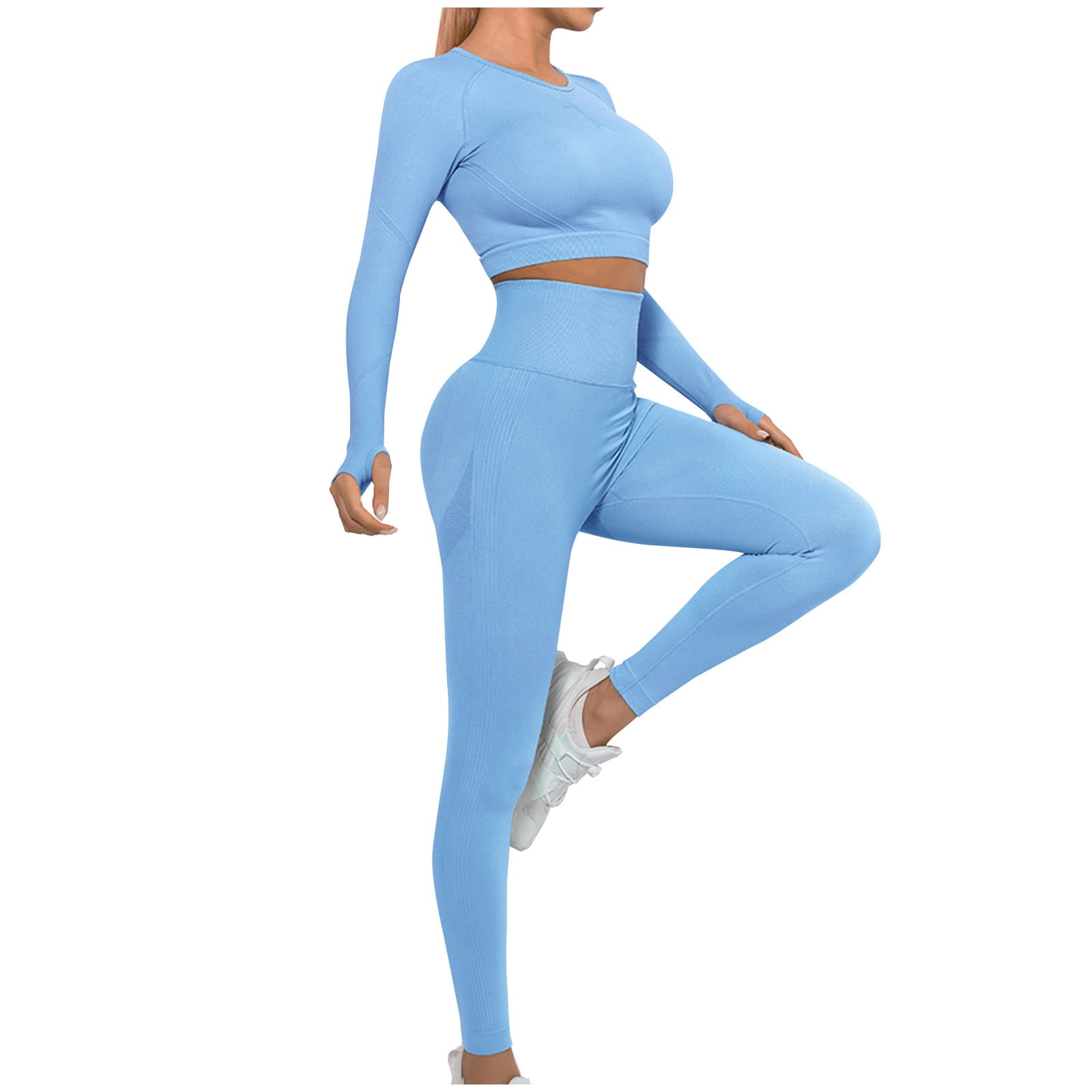Workout 2 Piece for Women Seamless Outfits High Waist Sexy Butt Lifting  Leggings Long Sleeve Crop Tops Yoga Gym Sets Womens Clothes 