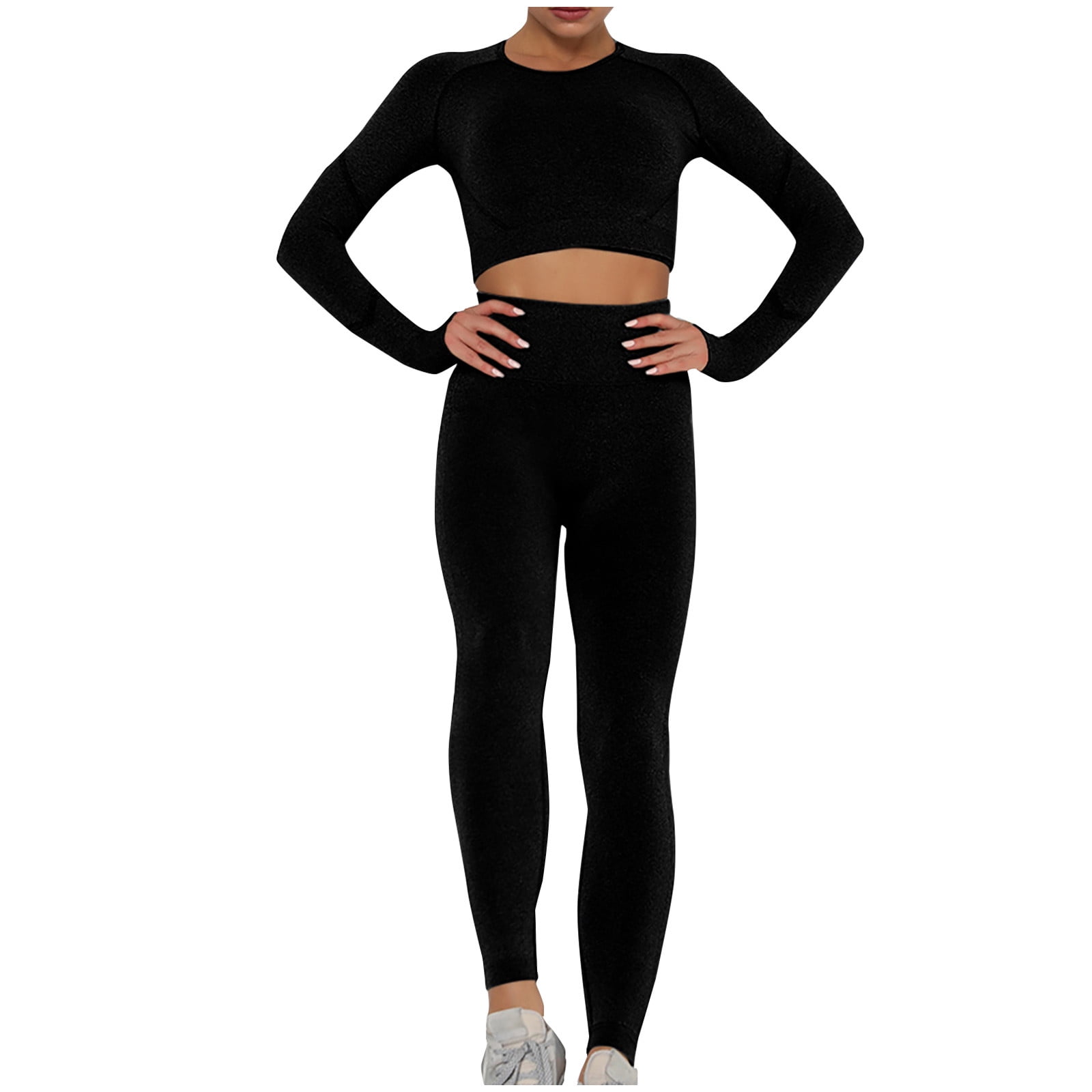 Workout 2 Piece for Women Seamless Outfits High Waist Sexy Butt Lifting  Leggings Long Sleeve Crop Tops Yoga Gym Sets Womens Clothes