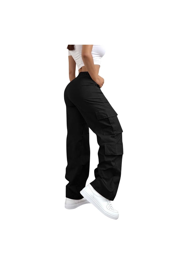 Workout Athletic Cargo Pants Women 28" Lightweight Straight Open Leg Casual Travel Hiking Joggers Black M