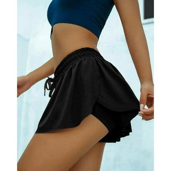 Workout Athletic Shorts For Womens 2 In 1 Double Layer Flowy Hem Running Shorts Biker Shorts Quick-Dry Drawstring High Waisted Gym Yoga Tennis Shorts Butterfly Skirt
