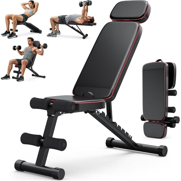 Workout Bench, 10 Backrests Adjustable Weight Bench with Extended Headrest, 800LBS Foldable Weight Bench for Home Gym, Incline Decline Flat Bench Compact for Small Space Training