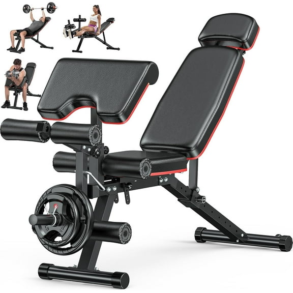 Workout Bench, Adjustable Weight Bench with Leg Extension and Leg Curl, Extended Headrest, 900LBS Preacher Curl Bench Incline Decline Flat Workout Bench for Home Gym Full Body Exercise