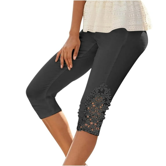 Workout Capris Leggings for Women New Womens Knee Length Capris Leggings Floral Lace High Waist Workout Yoga Pants Sport Casual Cropped Trousers Black L
