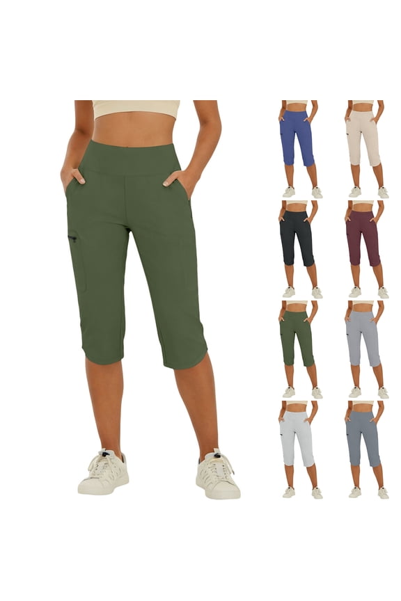 Workout Capris Women Straight Leg High Waist Stretchy Cargo Shorts 3 Pockets Yoga Casual Summer Capri Pants (XL, Army Green)