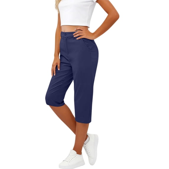 Workout Capris for Women with Pockets High Waisted Straight Leg Quick Dry Moisture-Wicking Active Cropped Pants (XL, Navy)