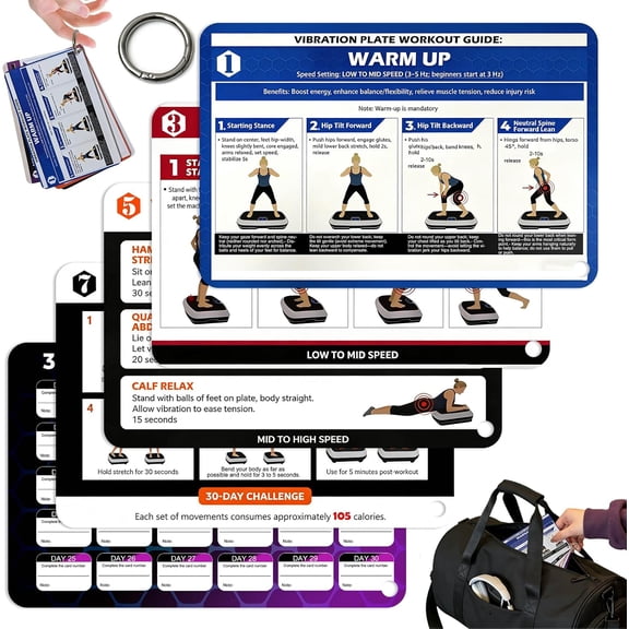 Workout Cards for Vibration Plate - 30-Day Training Plan & Exercise Guide for Whole Body Vibration Platform - Includes Action Timing, Safety Tips & Fitness Progress Tracker - Home Gym Accessories