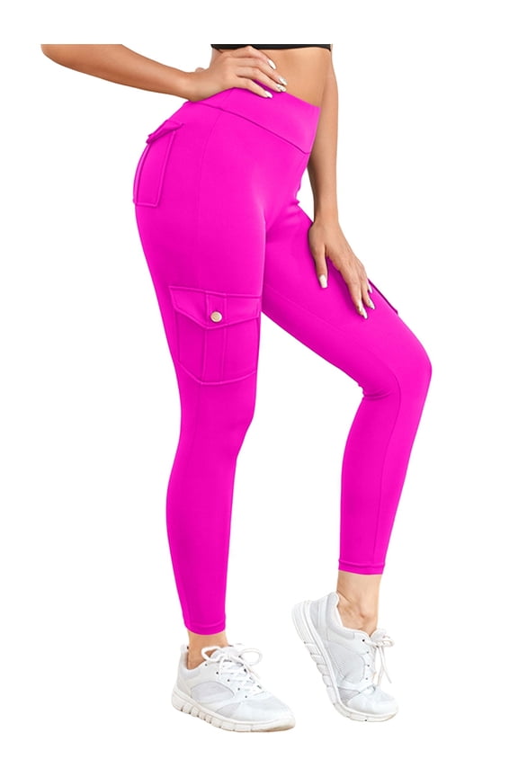 Workout Cargo Leggings with Pockets for Women Hidden Butt Lifting Leggings Gym Yoga Pants Bright Pink XL