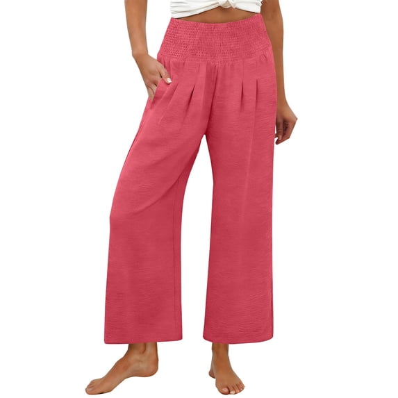 Workout Casual Pants for Women Solid Color Cropped Pants High Waisted Straight Leg Casual Pants Ice Wrinkled Style Slightly Elastic Beach Pants Pants M