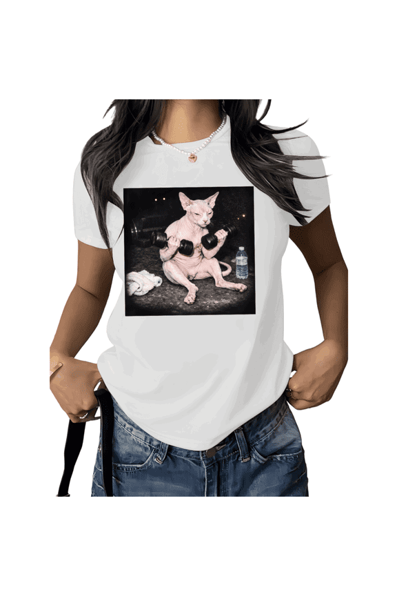 Workout Cat Shirt Graphic Tees Print Tshirt Shirts White Women Funny Sphynx Cat Fitness Humor Casual Summer Lightweight Tee Size S-5XL Tops