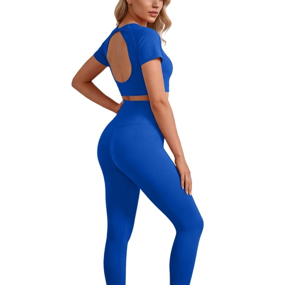 Workout Clothes 2 Piece Pants Set for Women Cutout Backless Crop Top Leggings Athletic Yoga Sweat Outfits (S, Blue)