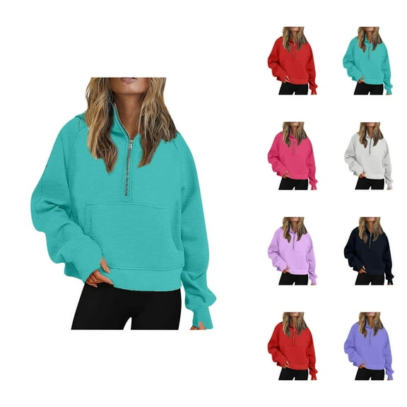 Workout Clothes for Women Women's Solid Color Sweatshirt Women's Hoodies And Sweatshirts For Everyday Comfort Loose Fit Autumn Winter Half Zip Yoga Top With Hood Lined Design For Casual Outfits