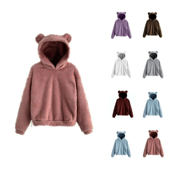 Workout Clothes for Women Women's Solid Color Sweatshirt Womens Hoodies Cute Bear Ears Hooded Sweatshirts Coat Warm Pullover Tops Casual Loose Fall Outwear