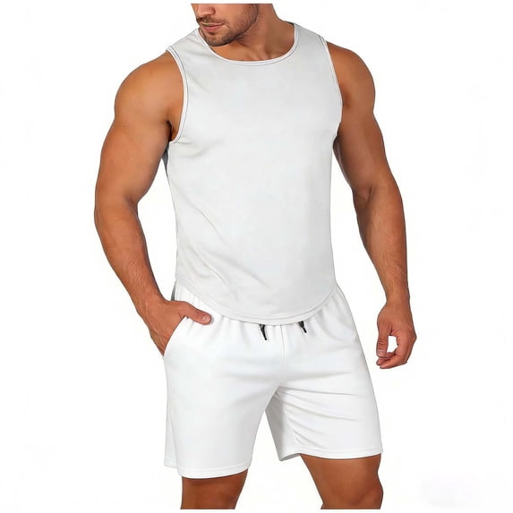 Workout Clothes for Men 2 Piece Gym Outfits Tank Top and Shorts Polyester Mesh Sleeveless Athletic Active Sets (L, White)