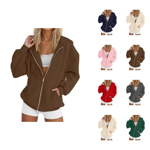 Workout Clothes for Women Women's Solid Color Sweatshirt Women Fashion Solid Loose Hooded Zipper Hoodie Long Sleeve Jacket