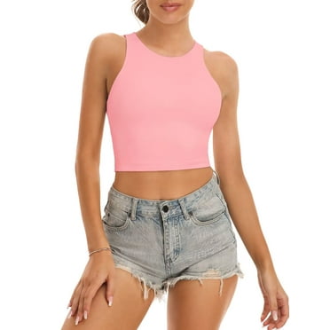 Workout Crop Tops for Women Cropped Racerback Halter Neck Shirts Sleeveless Yoga Tops Pink M