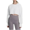 thumbnail image 1 of Workout Crop Tops for Women Long Sleeve Loose Fit Crewneck Sweatshirts Pure Color Casual Cotton Pullovers (XL, White), 1 of 5