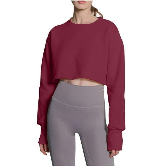Workout Crop Tops for Women Long Sleeve Loose Fit Crewneck Sweatshirts Solid Color Casual Cotton Pullovers (L, Wine)