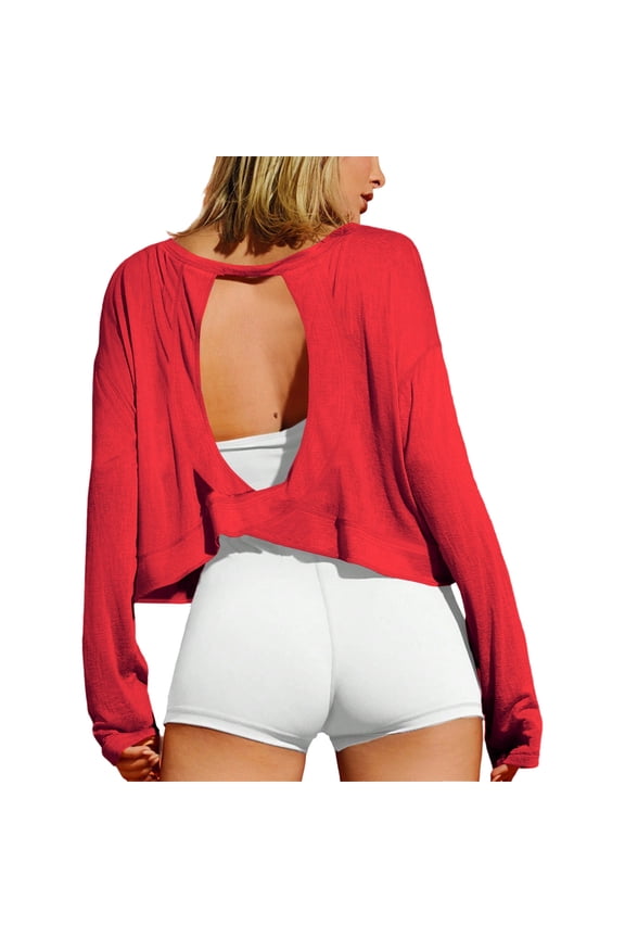 Workout Crop Tops for Women Open Back Backless Long Sleeve Workout Top for Pilates Fitness Home Gym Yoga charitable