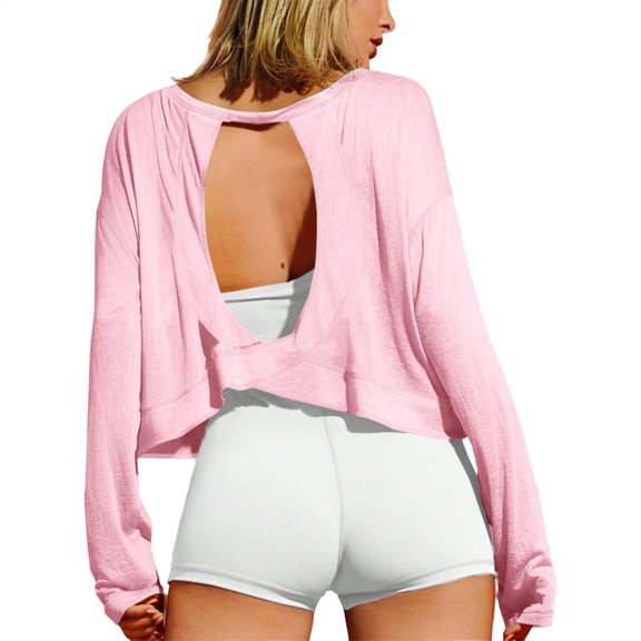 Workout Crop Tops for Women Open Back Backless Long Sleeve Workout Top for Pilates Fitness Home Gym Yoga thrifty