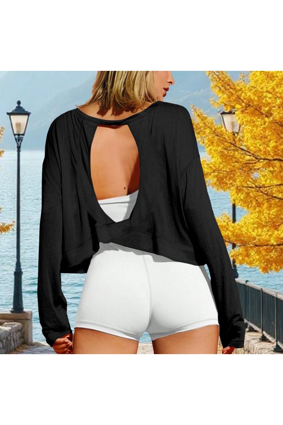Workout Crop Tops for Women Open Back Backless Long Sleeve Workout Top for Pilates Fitness Home Gym Yoga usual