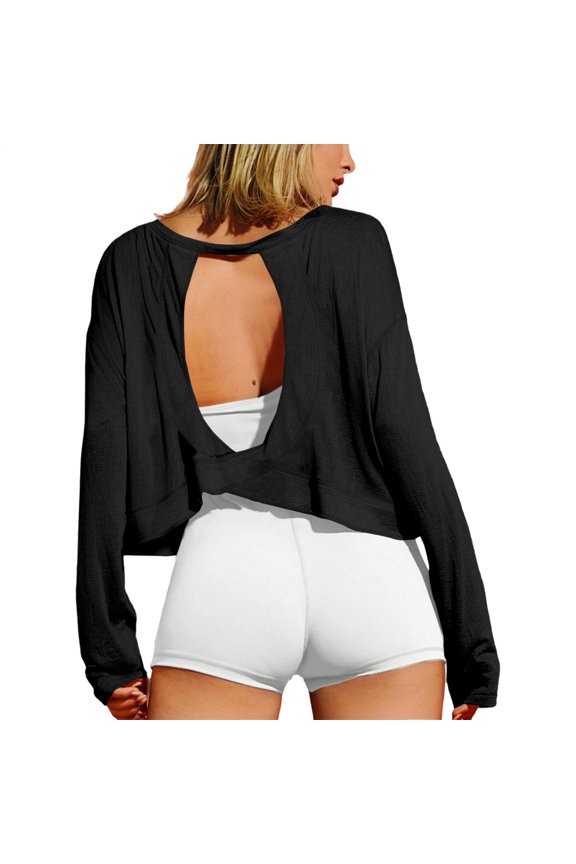 Workout Crop Tops for Women Open Back Backless Long Sleeve Workout Top for Pilates Fitness Home Gym Yoga