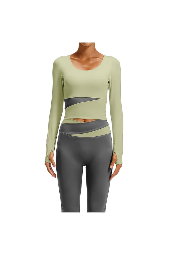 Workout Crop Tops for Women Scoop Neck Color Block Athletic Gym Exercise Shirt Slim Fit Long Sleeve Yoga Tees (XL, Green)
