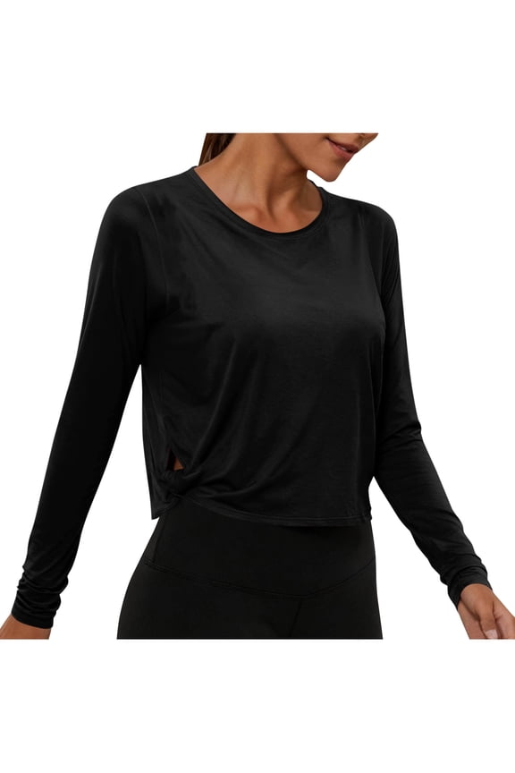 Workout Crop Tops for Women Side Twist Cutout Long Sleeve Athletic Yoga Running Tee Crew Neck Exercise Gym Shirts (XL, Black)