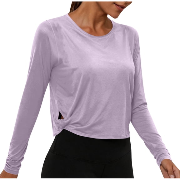 Workout Crop Tops for Women Side Twist Cutout Long Sleeve Athletic Yoga Running Tee Crew Neck Exercise Gym Shirts (XL, Purple)