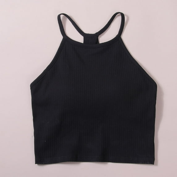Workout Cropped Tank Tops for Women Built in Bra Seamless Ribbed Knit Racerback Backless Top for Teen Girls Black M